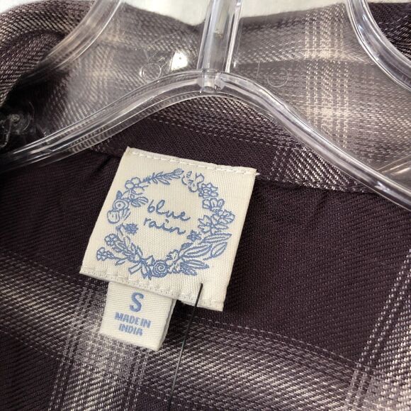 Francescas blue rain button up shirt small long sleeve plaid purple light ti - Picture 4 of 11